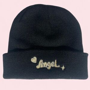Y2K Angel Black Beanie Gold Embroidery Celestial Streetwear Knit Hat Winter OS